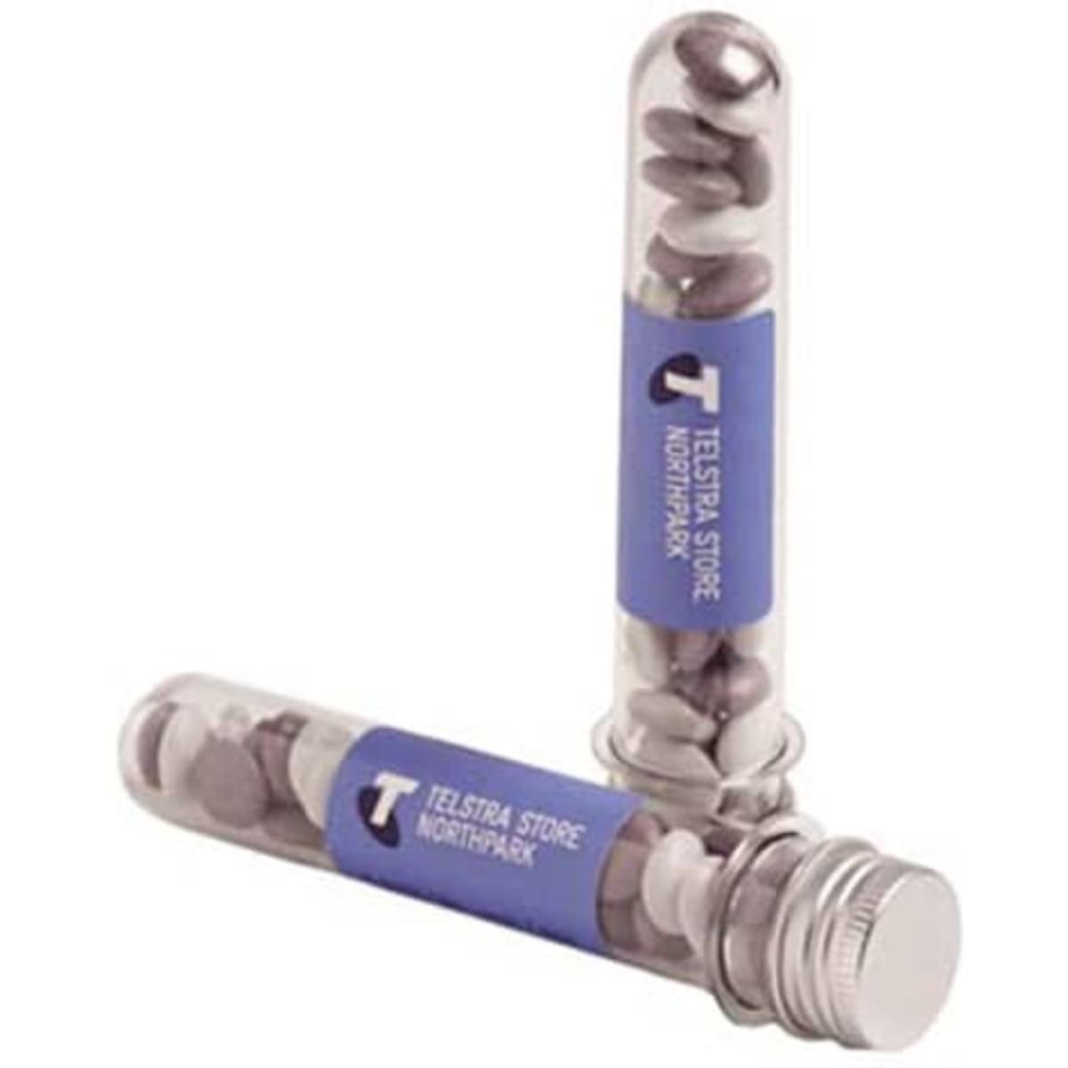 A transparent test tube filled with chocolate beans, featuring a blue label and silver lid.