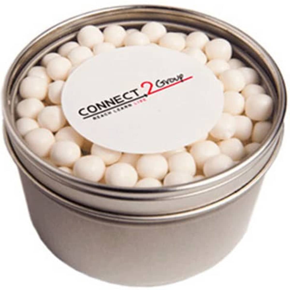 A small round silver tin filled with white mints, featuring a branded label on top.