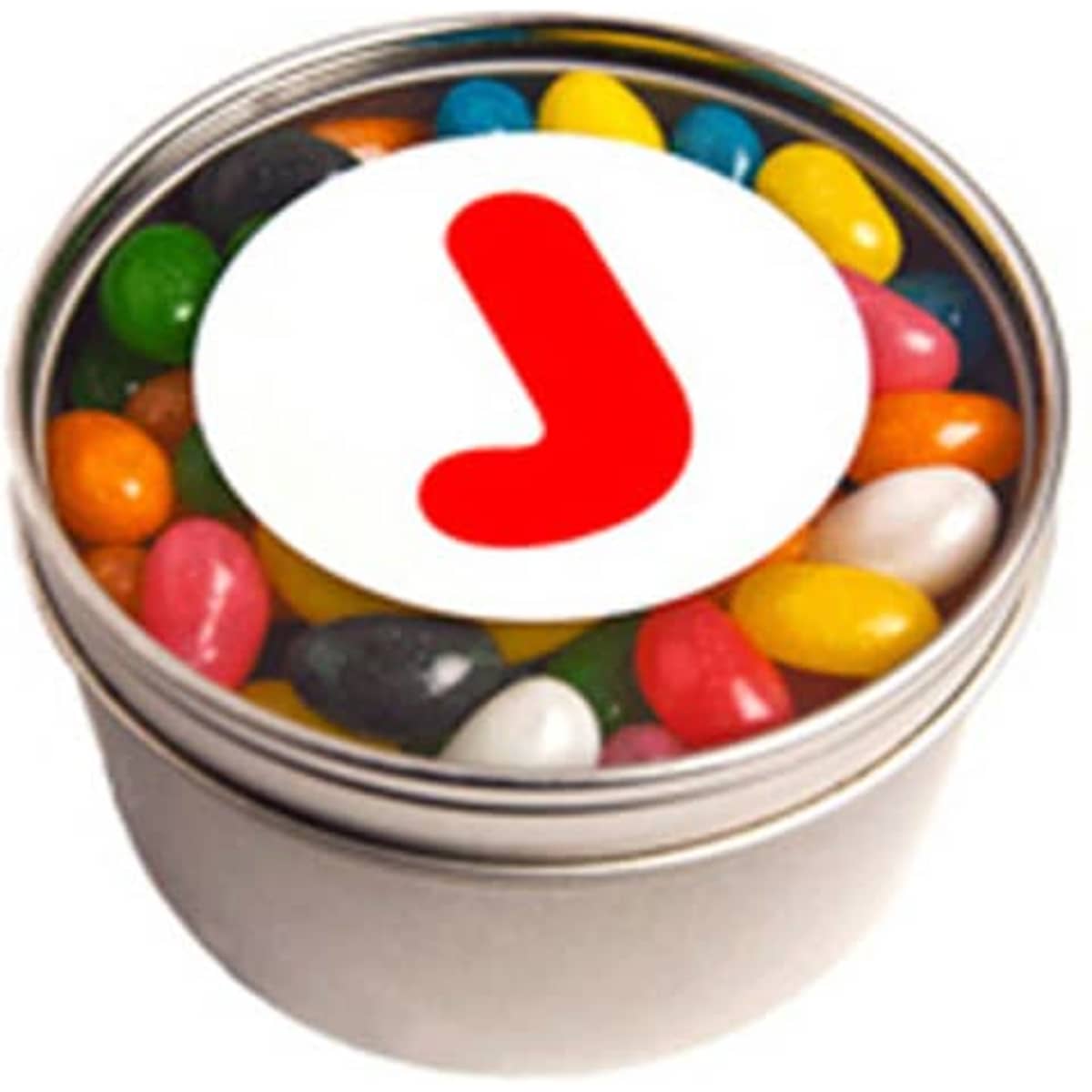 A small round tin with a silver finish, filled with colourful jelly beans and featuring a logo on the lid.