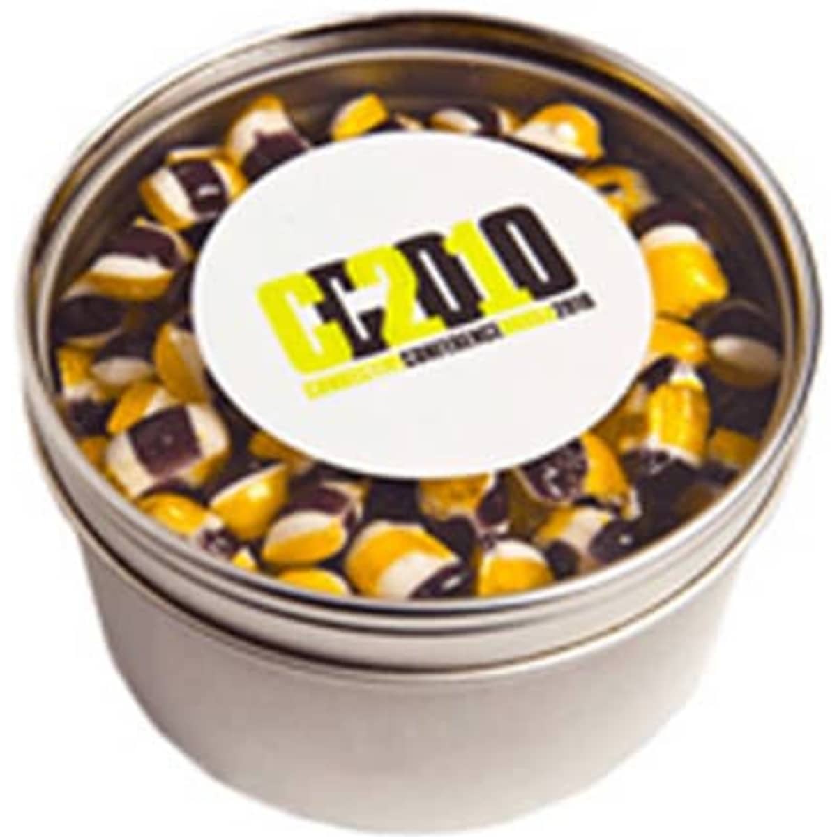 A small round tin with a silver finish, containing humbugs in yellow and black stripes. Features a logo on the lid.