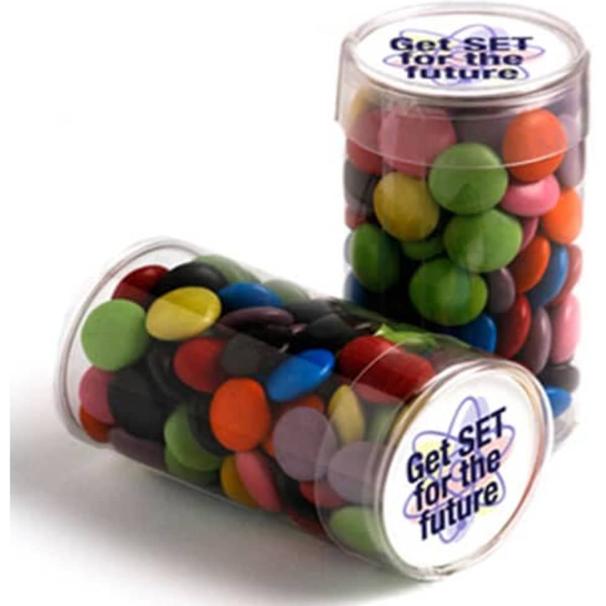 Two clear containers filled with brightly coloured chocolate beans in various shades, featuring a logo on the lid.