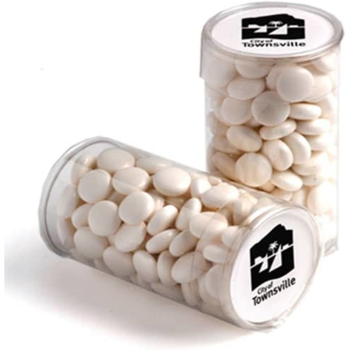 A transparent container filled with white mints, featuring a logo on the front.