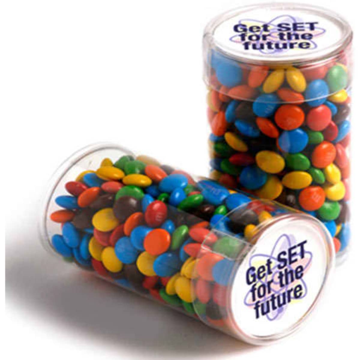 PET tubes filled with colourful M&Ms in blue, red, yellow, green, and brown, with a logo on the lid.