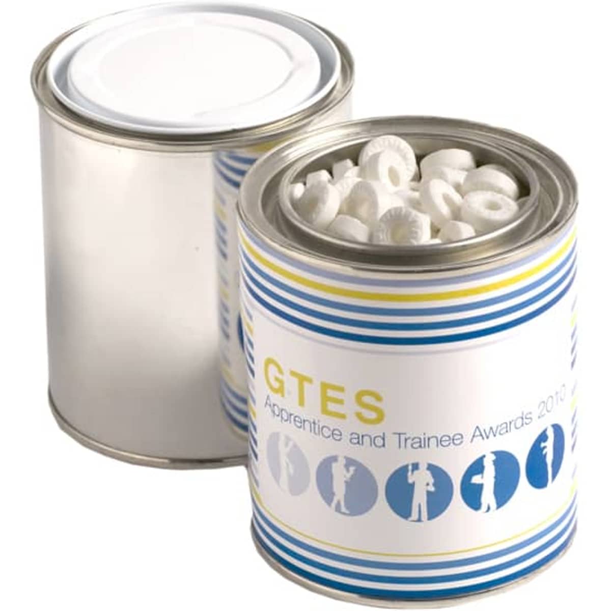 A painted tin filled with white mints, featuring a colourful design and a lid.