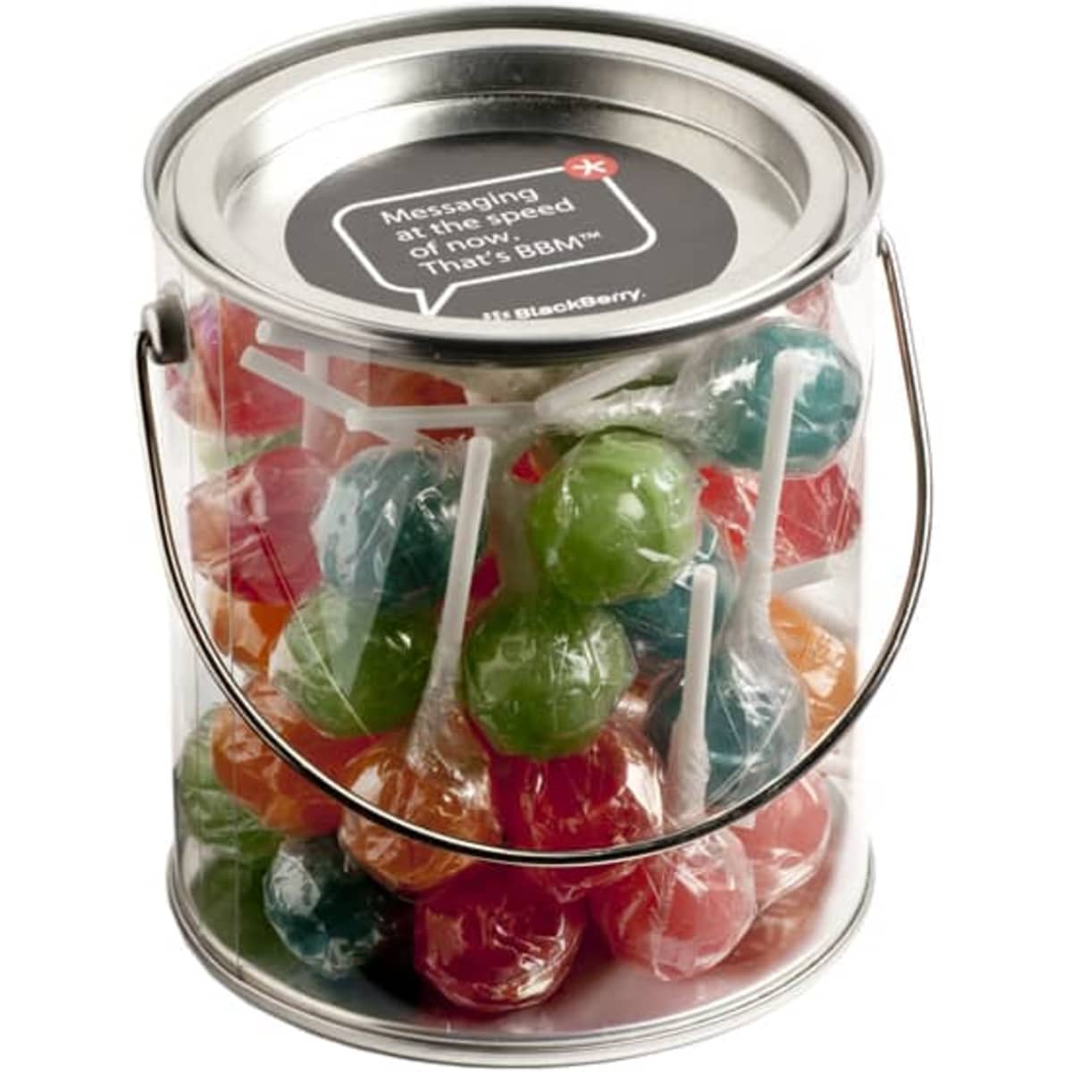 A transparent PVC bucket filled with colourful Chuppa Chups lollipops in various flavours. The bucket has a metal handle.