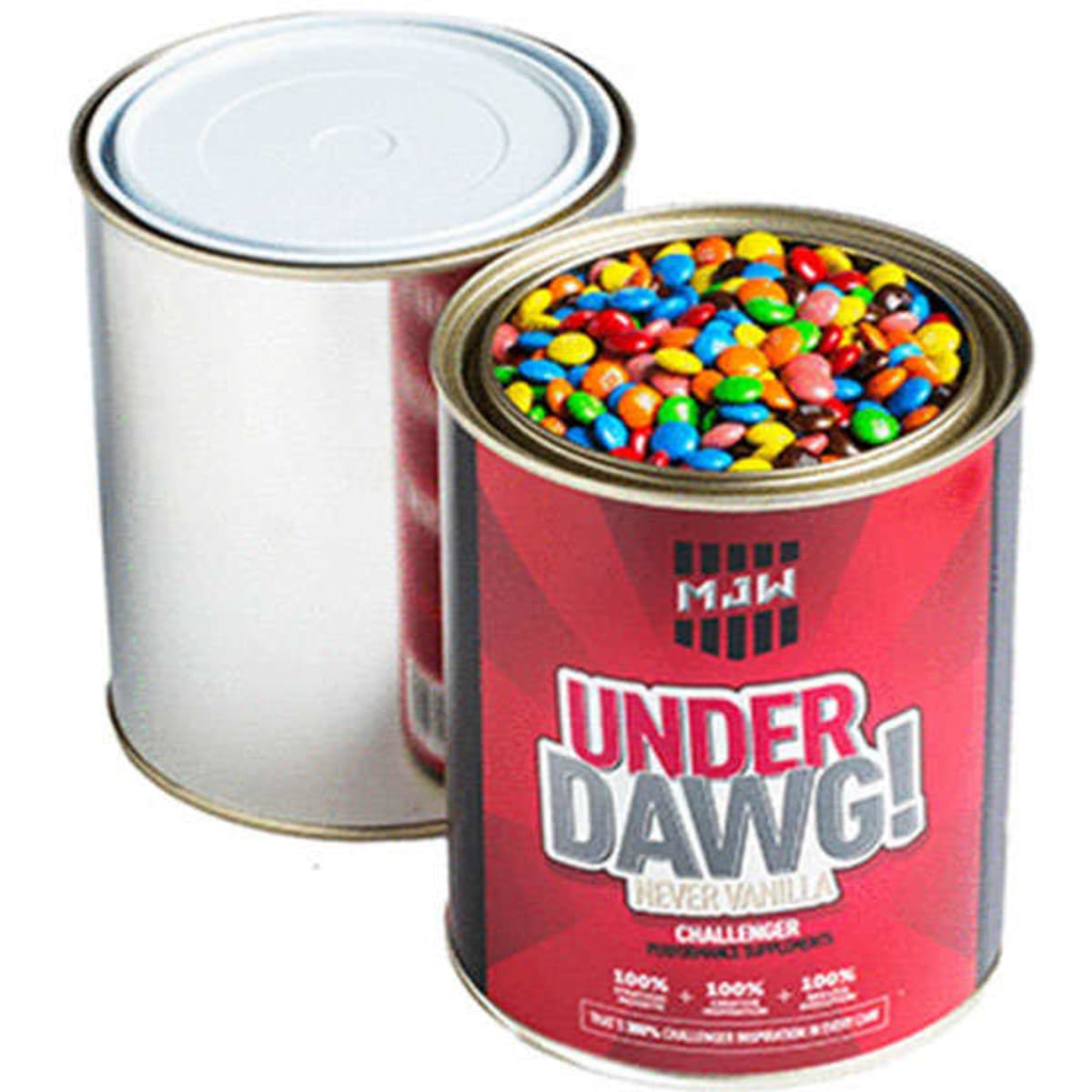 A paint tin filled with vibrant M&Ms in various colours, featuring a lid and branding on the front.