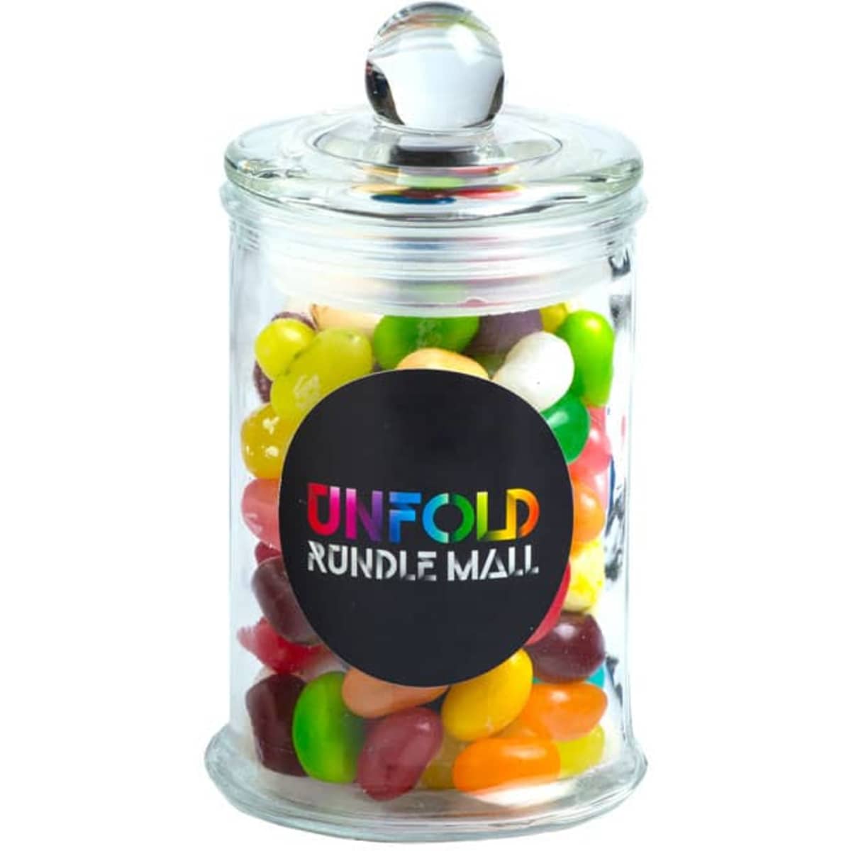 A glass apothecary jar filled with colourful jelly beans, featuring a decorative lid and a logo.