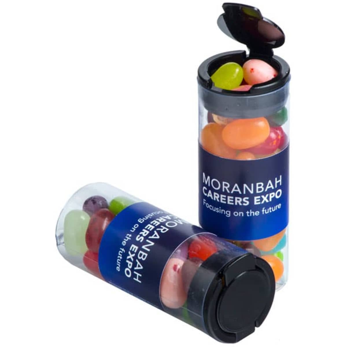 A clear flip lid tube filled with vibrant JELLY BELLY jelly beans, featuring a label and a black lid.