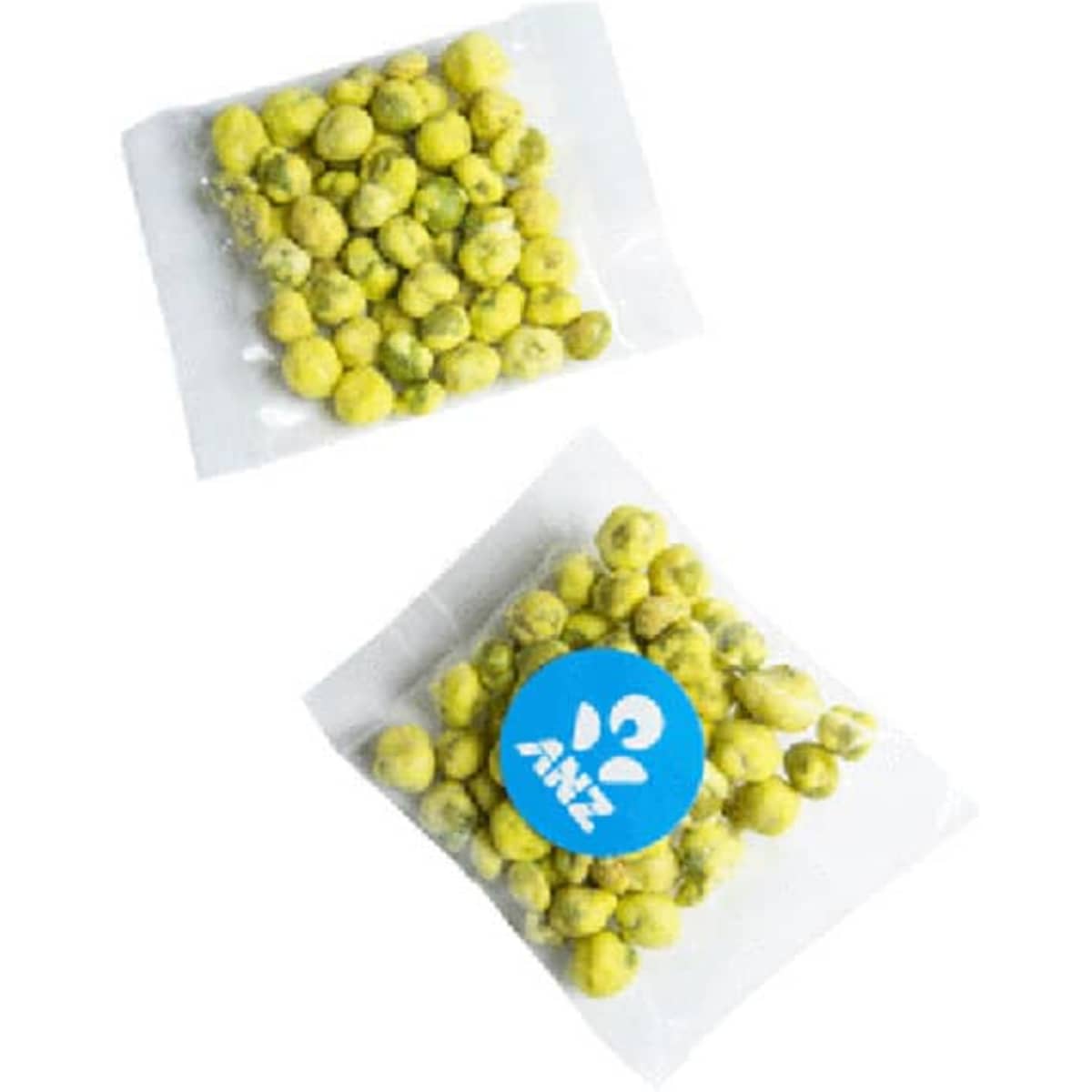 A package of bright green wasabi peas, displayed with a round logo on the front.