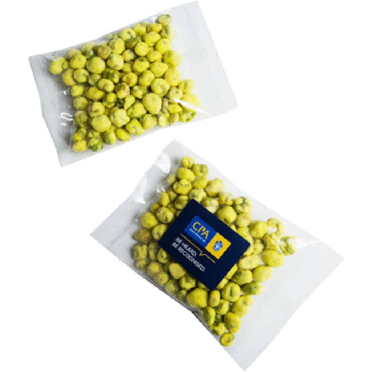 A transparent bag contains greenish-yellow wasabi peas, showcasing a mix of sizes and shapes. The bag features a logo.