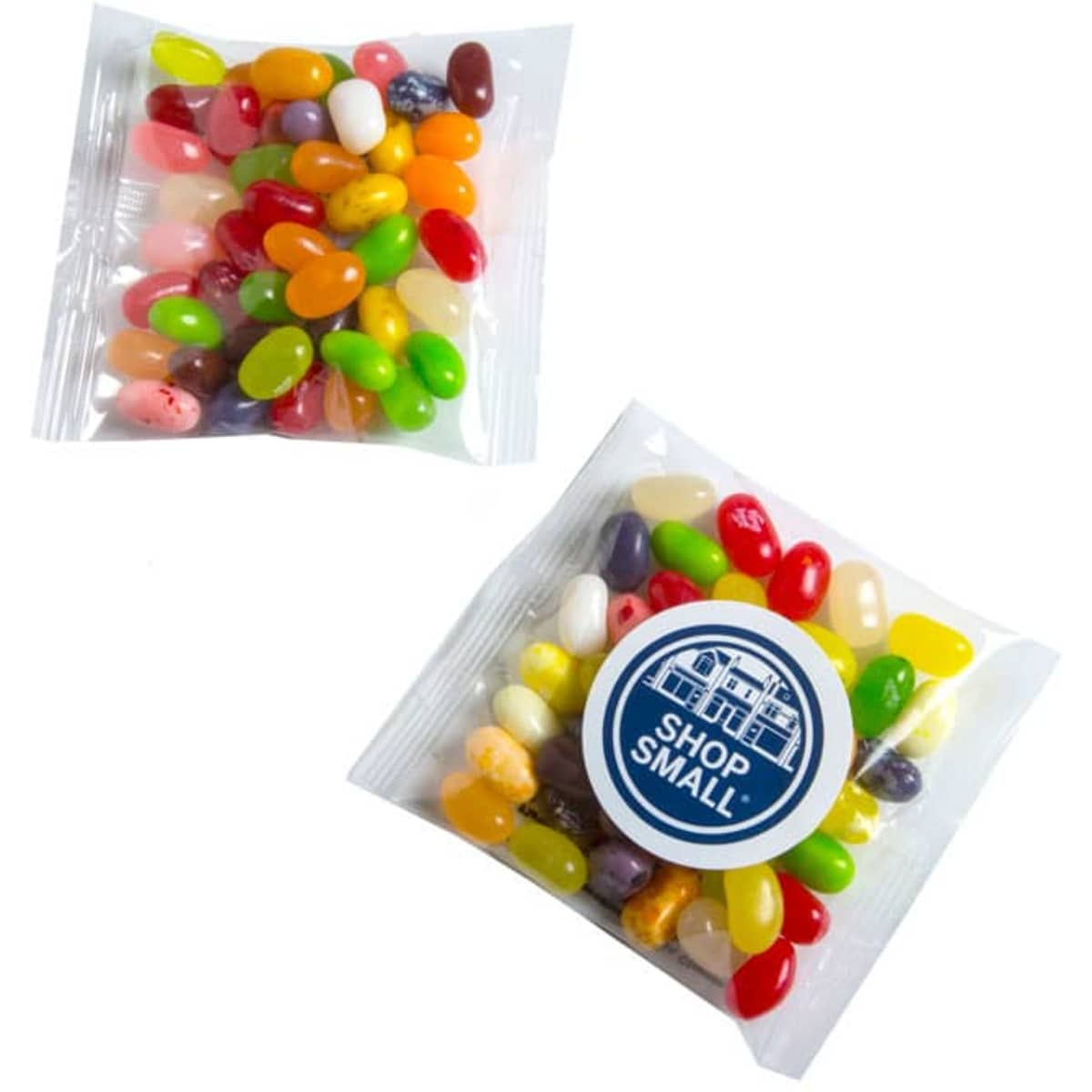A clear bag of assorted jelly beans in various colours, featuring a logo on the packaging.