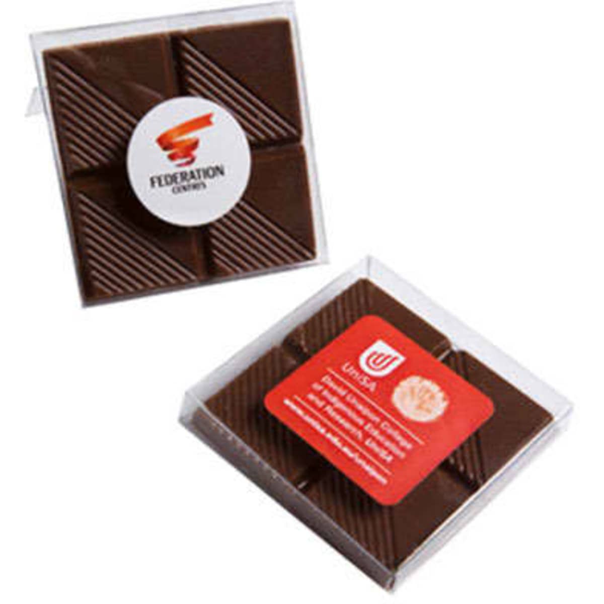 A chocolate square in a clear PVC stand-up box, featuring a textured brown chocolate surface and logos on the packaging.