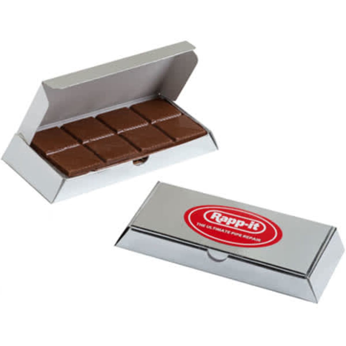 A silver box contains a milk chocolate bar with several segments inside. The box features a logo.