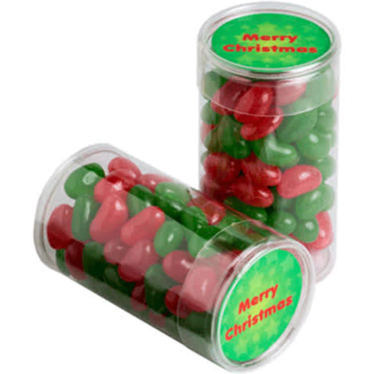A clear PET tube filled with red and green Christmas jelly beans, featuring a festive lid design.