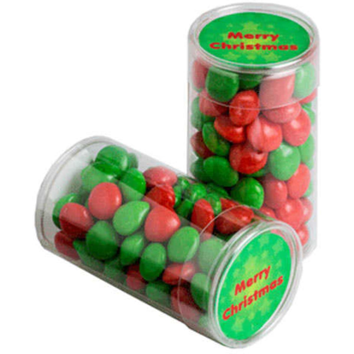 Two clear tubes filled with red and green chewy fruits, themed for Christmas. The tubes feature a logo or branding.