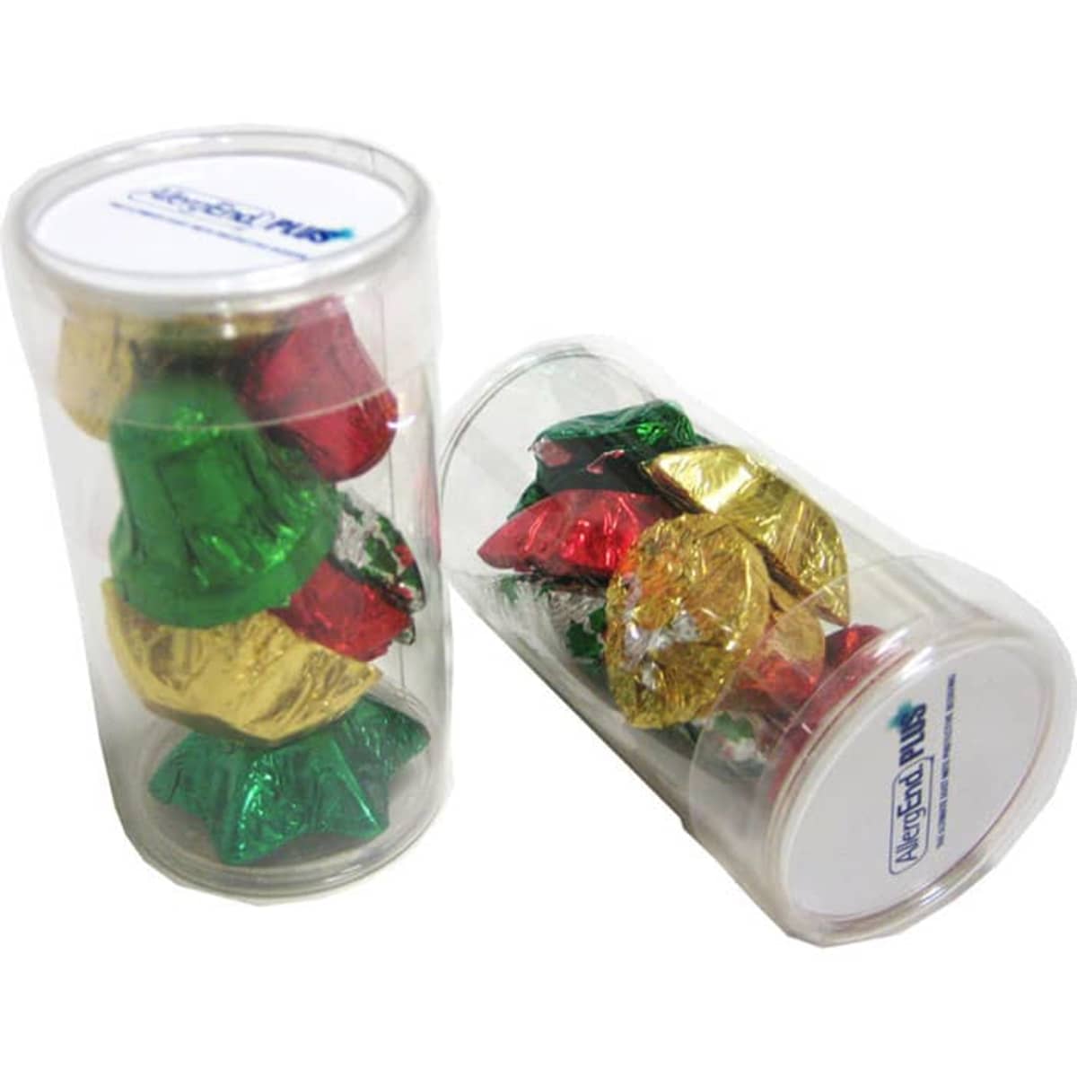 A clear tube filled with wrapped chocolates in red, green, and gold shapes resembling Christmas bells.