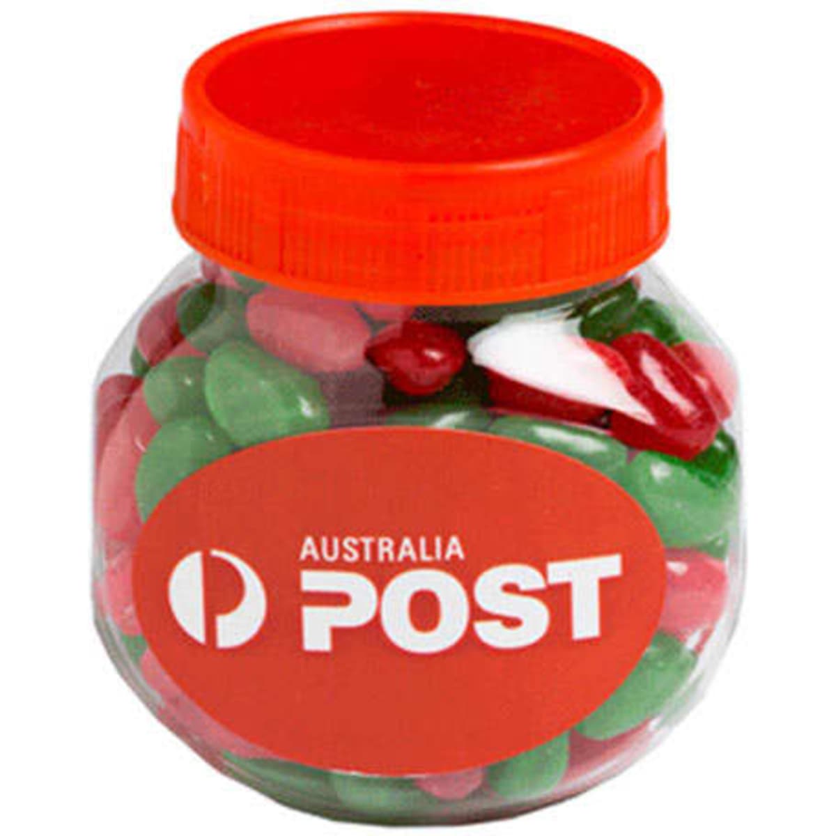 A clear plastic jar filled with red, white, and green jelly beans, topped with an orange lid.