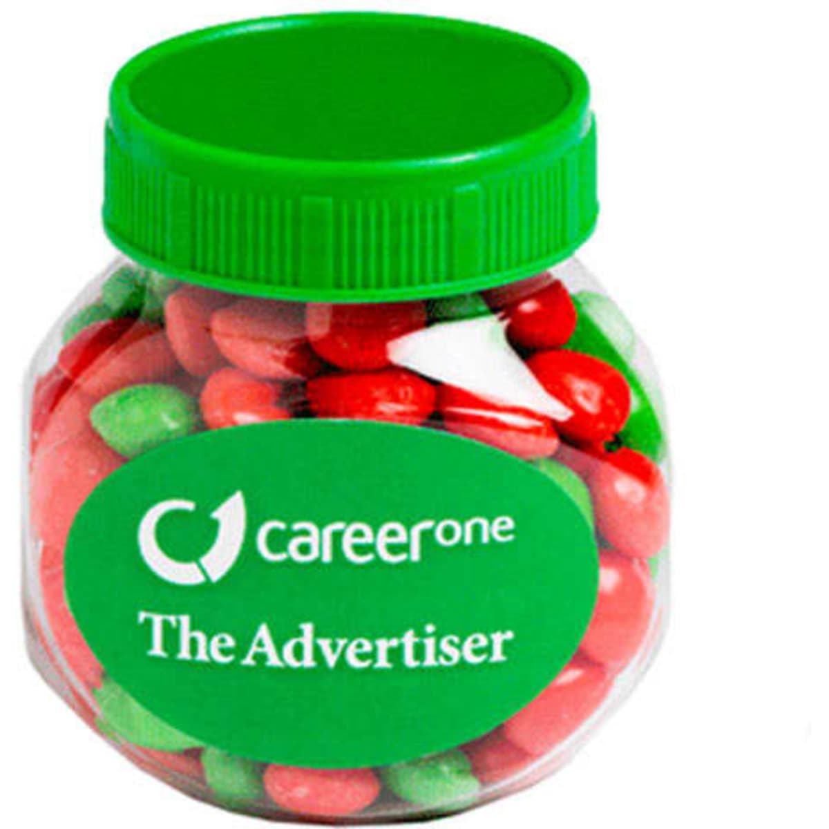 A plastic jar filled with red and green chewy fruit candies. The jar has a green lid and a logo on the front.