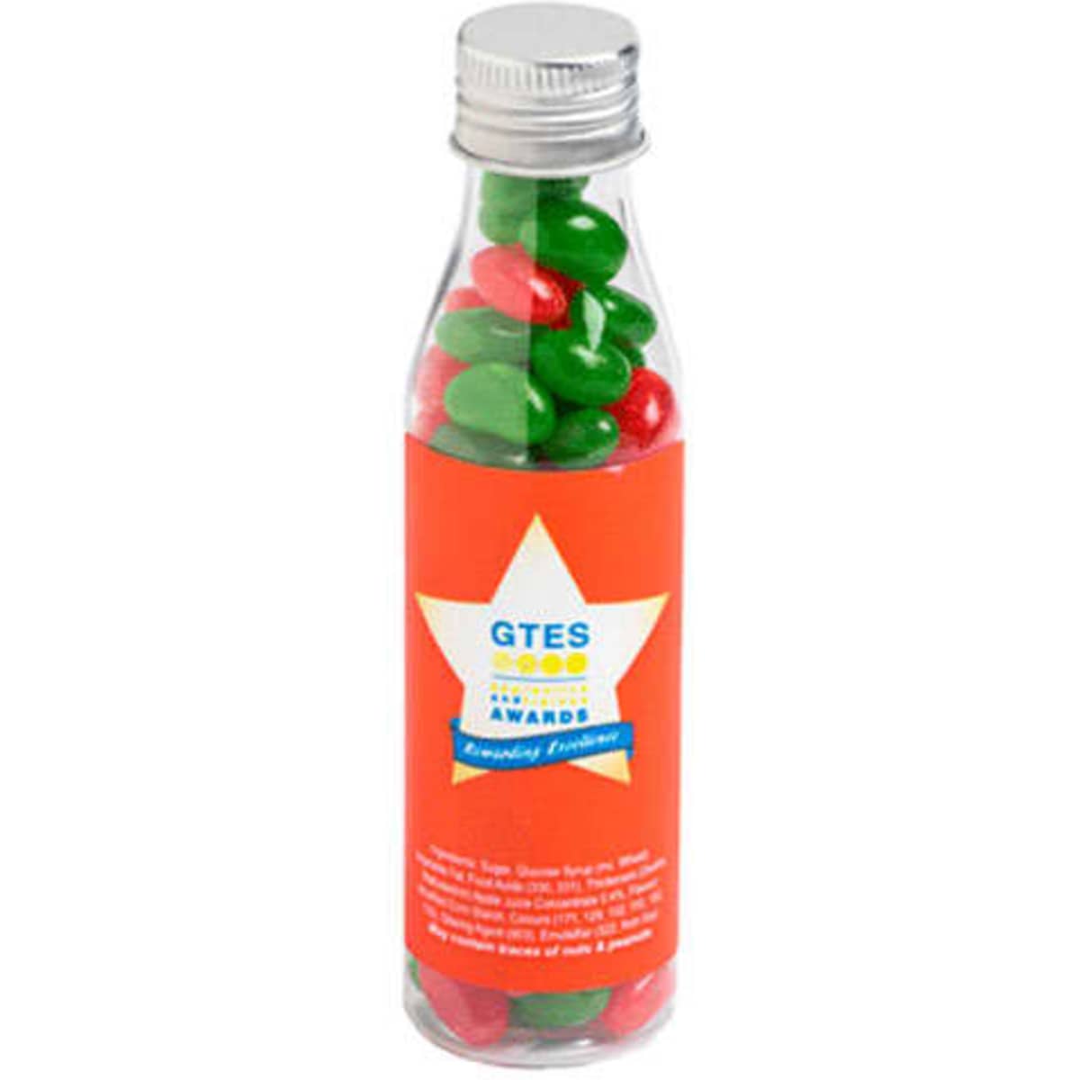 A drink bottle filled with red and green jelly beans, with a clear body and a silver cap.