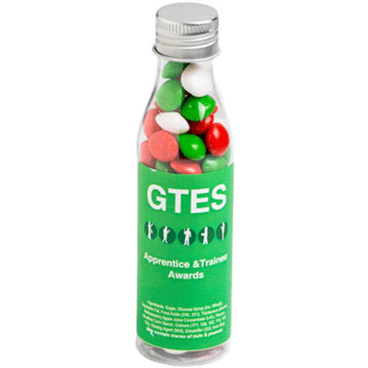 A drink bottle filled with green, red, and white chewy fruit candies. The bottle features branding on its label.