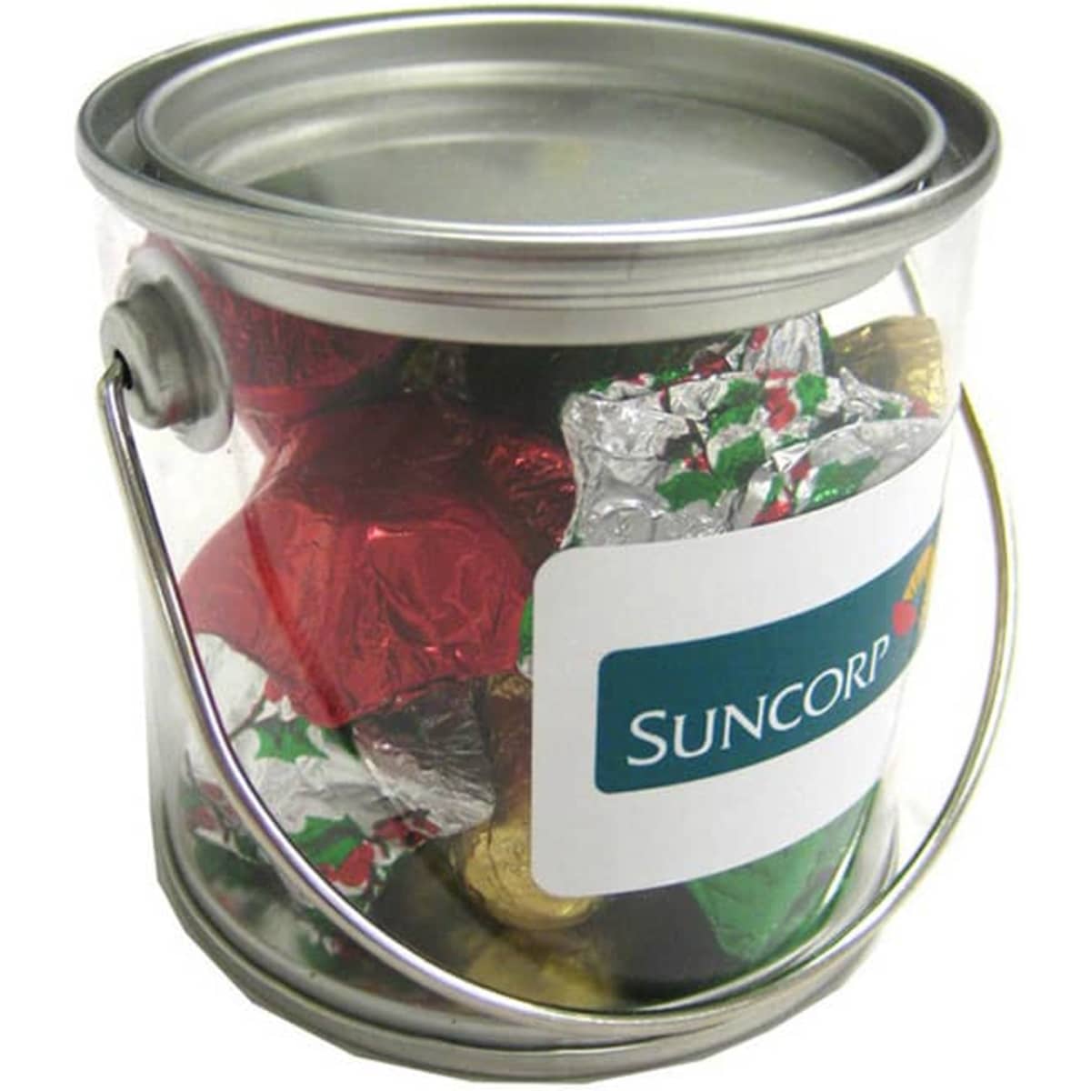 A small transparent PVC bucket filled with assorted Christmas chocolates in red, green, and gold wrappers.