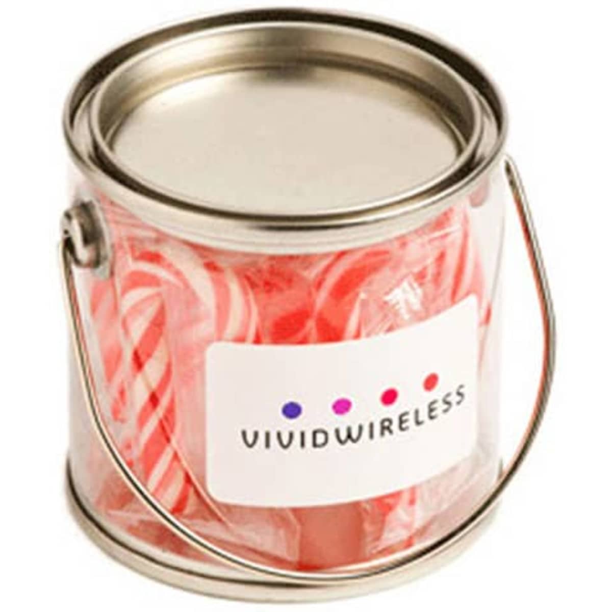 A small clear PVC bucket filled with red and white candy canes, featuring a branding label.