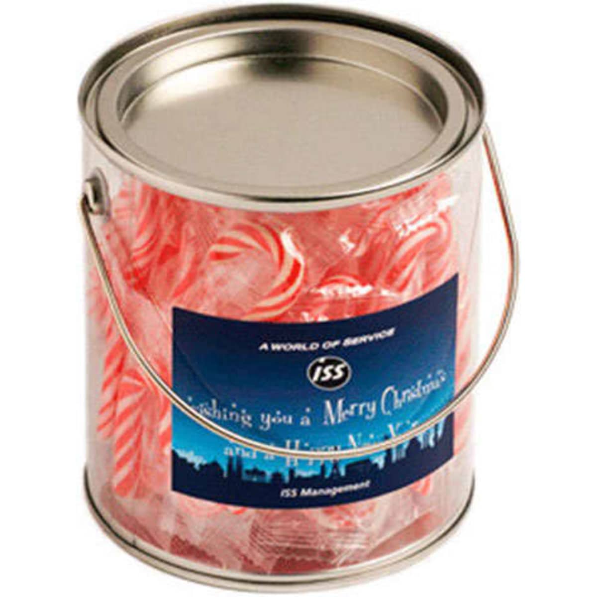 A metallic bucket filled with red and white striped candy canes, featuring a branding label. 