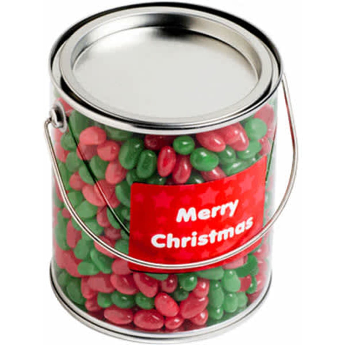 A metal bucket filled with red and green jelly beans, featuring a Christmas-themed label.