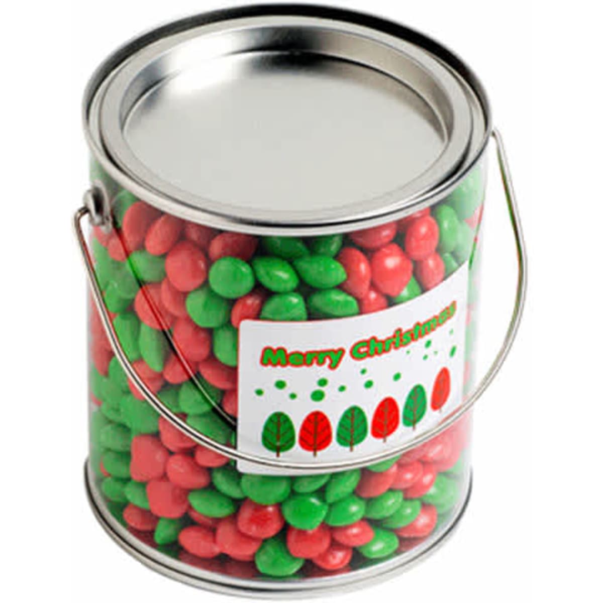 A metal bucket filled with red and green chewy fruit candies. It features a festive label with trees.