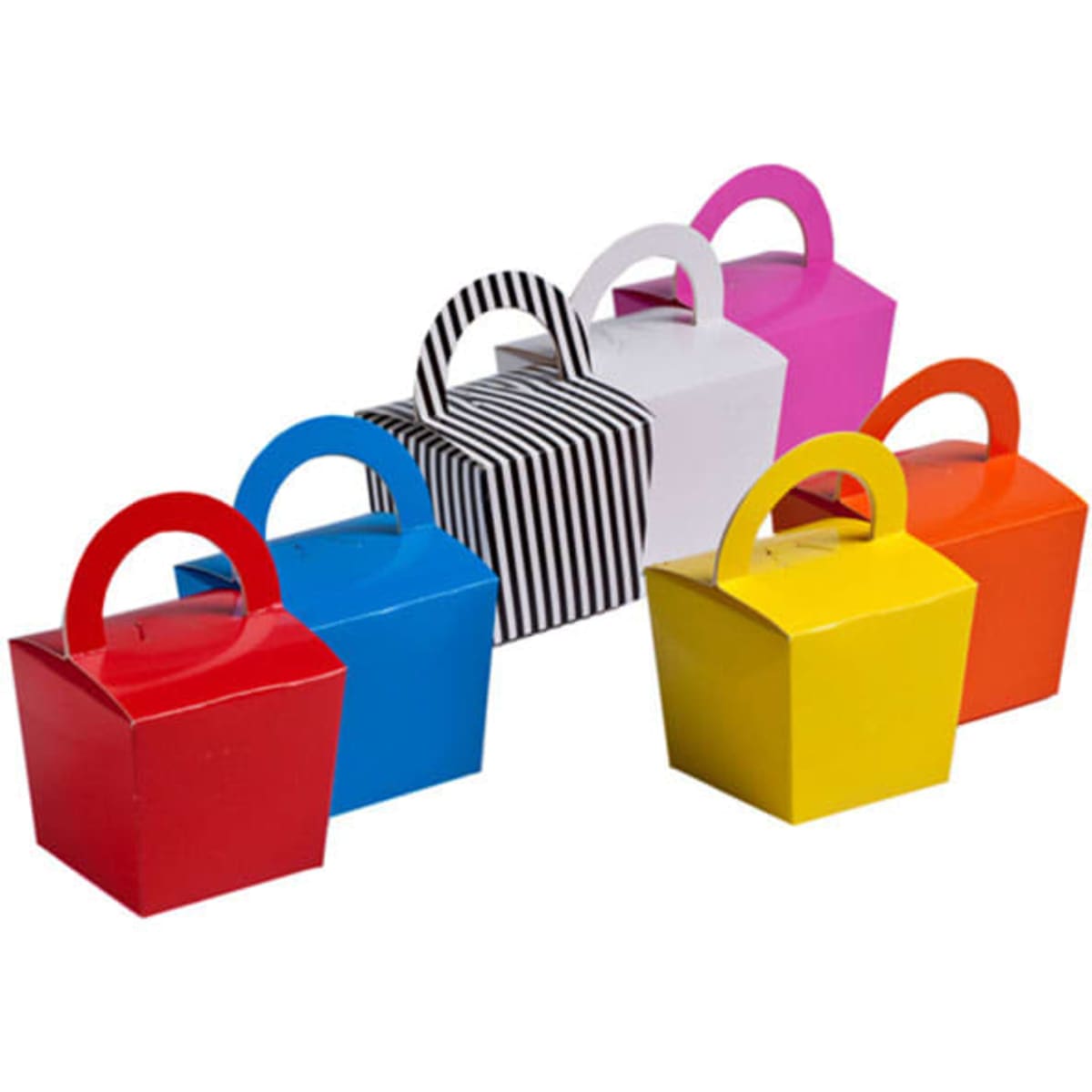 A collection of coloured noodle boxes in red, blue, yellow, pink, white, and black stripes, featuring carry handles.