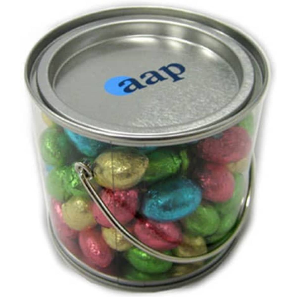 A medium silver bucket filled with colourful mini Easter eggs in gold, green, pink, and blue, featuring a logo on the lid.