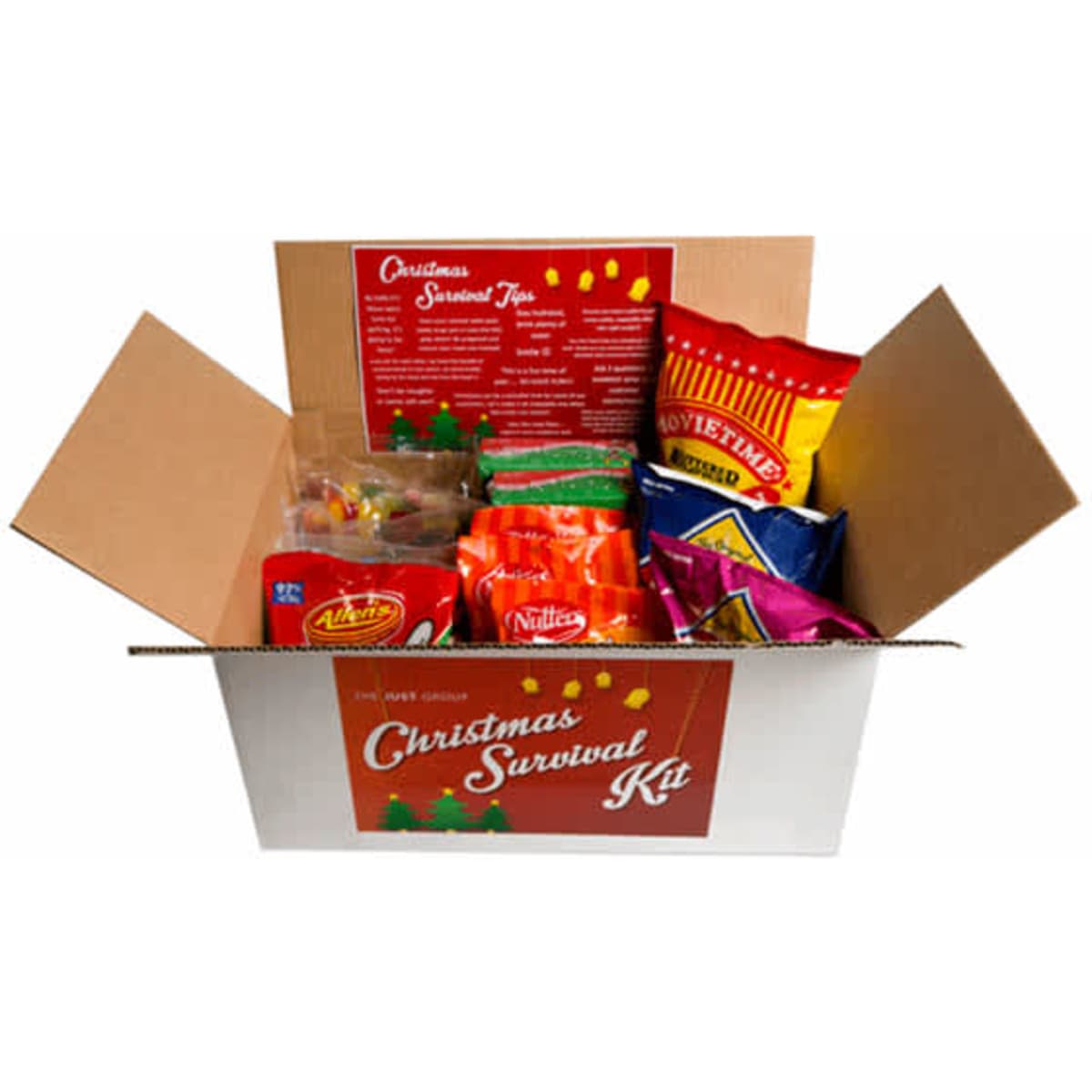 A box filled with assorted confectionery items, including snacks, chocolates, and lollies, featuring colourful packaging.