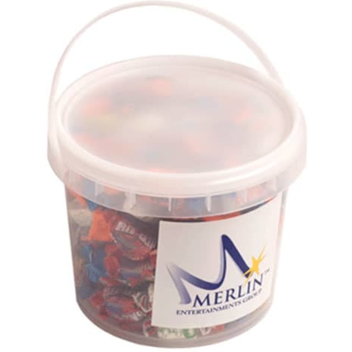 A transparent 2.4L bucket filled with colourful mixed lollies, featuring a handle and a lid. It has a logo on the side.