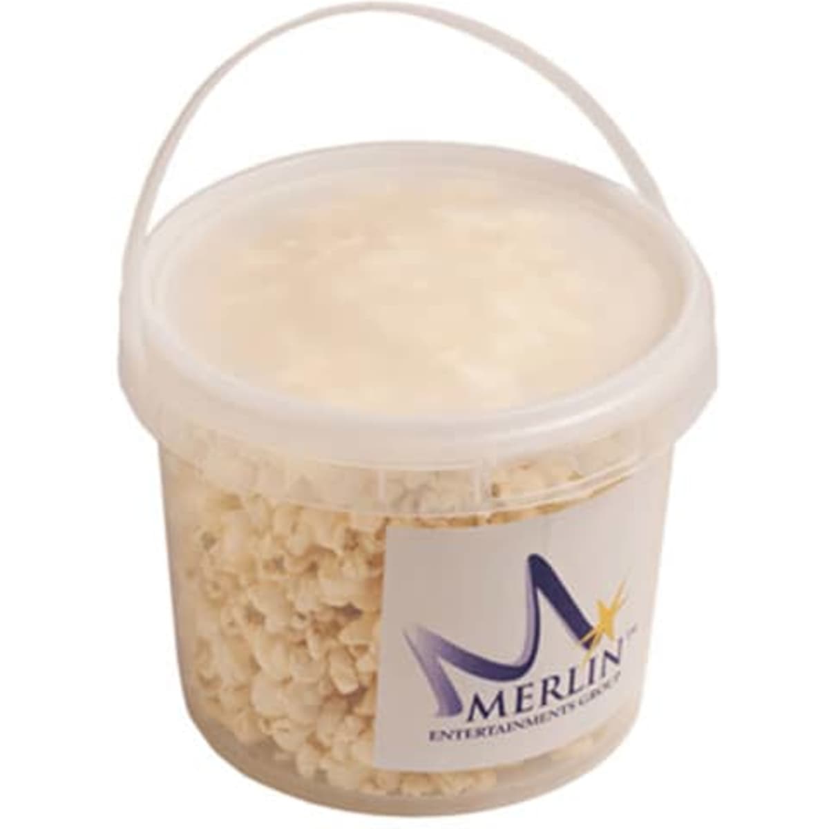 A 2.4L clear bucket filled with light-coloured popcorn, featuring a branded logo.