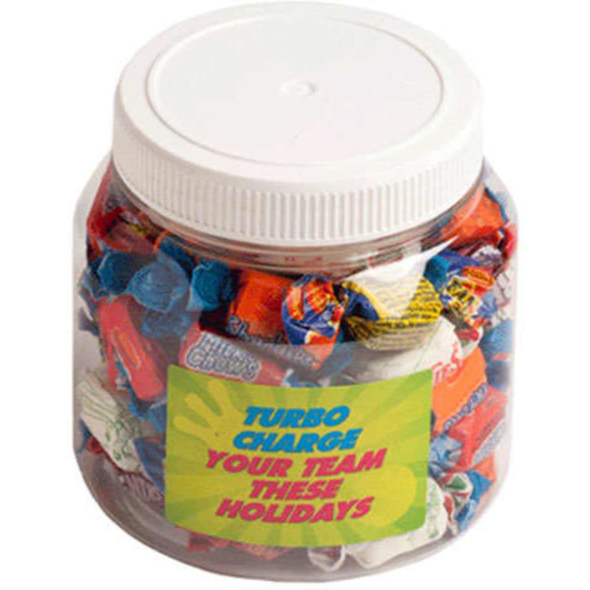 A clear 1L PET jar filled with colourful mixed Allen's lollies, featuring a white screw-on lid.