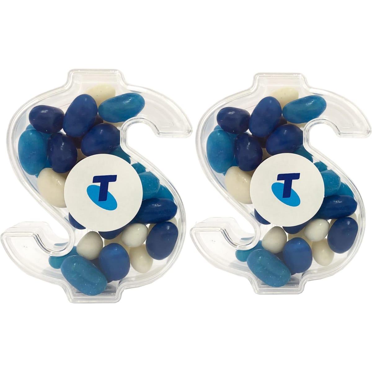 Acrylic dollar-shaped container filled with blue, white, and black mini jelly beans, featuring a branded logo.