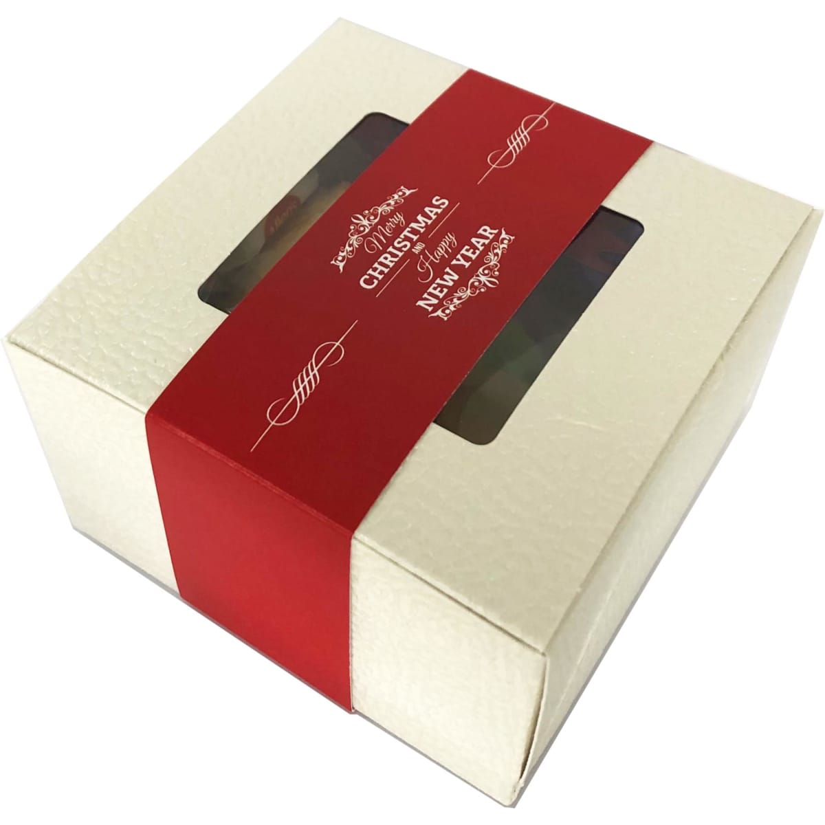 A small kraft gift box in cream with a red band, featuring a window to display contents inside.
