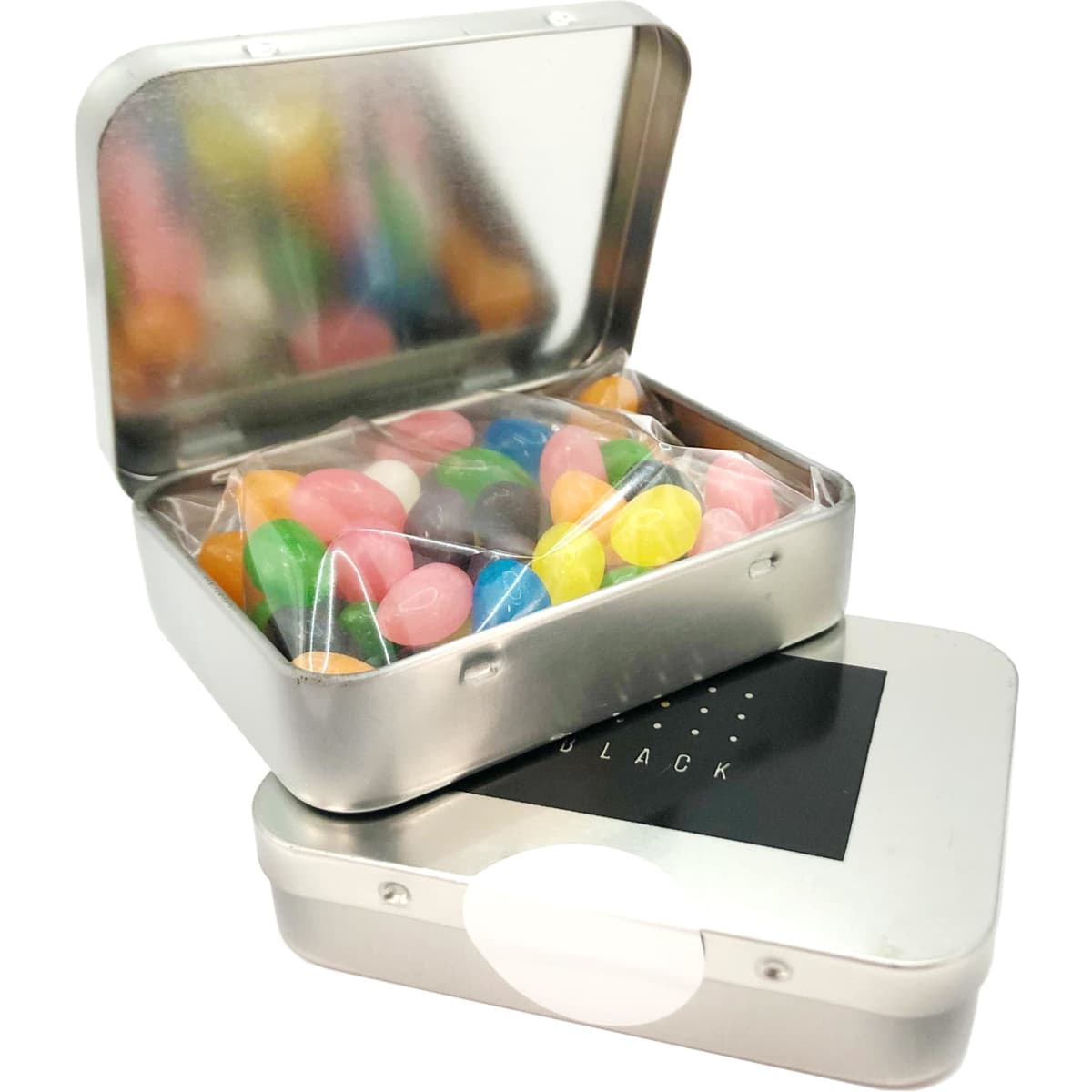 A rectangular silver tin filled with colourful mini jelly beans, partially open to reveal the contents.