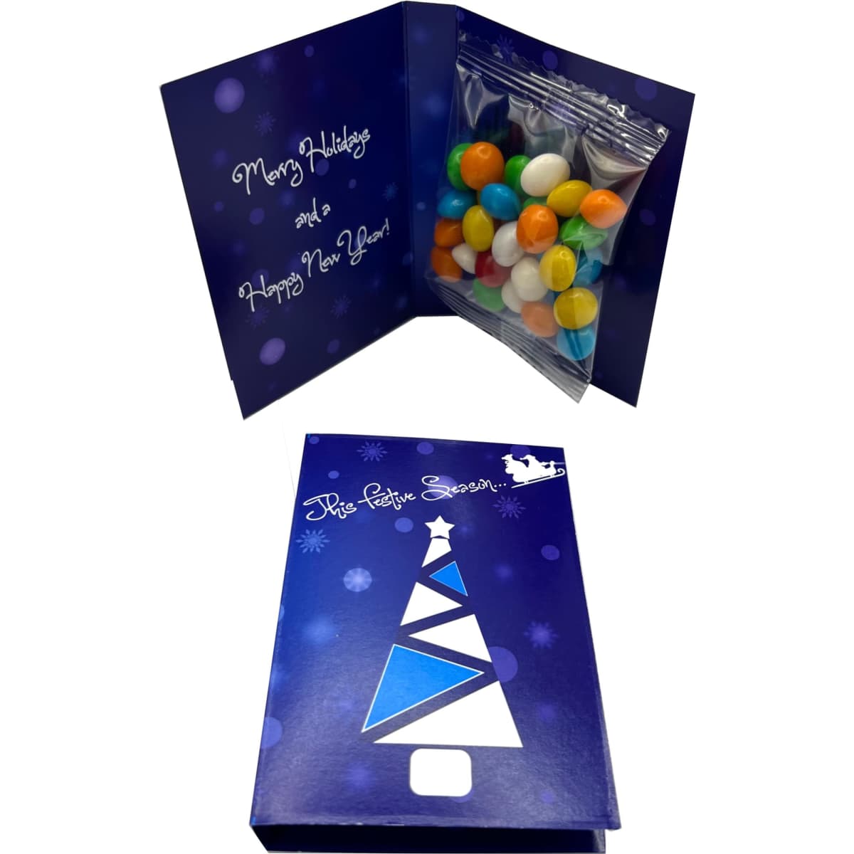 A festive gift card in blue, containing a transparent bag filled with colourful chewy fruit treats.