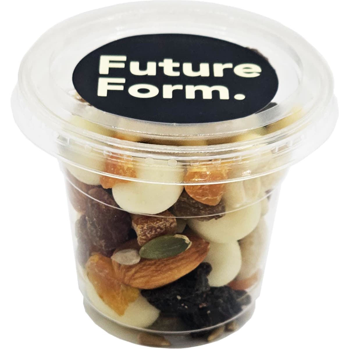 A clear tub filled with a mix of yoghurt-coated nuts, dried fruits, and seeds. The lid features a logo.