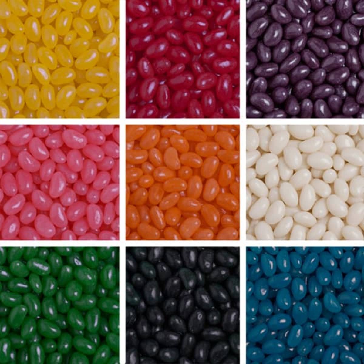 A grid of assorted jelly beans in vibrant colours including yellow, red, pink, orange, green, black, white, and purple.