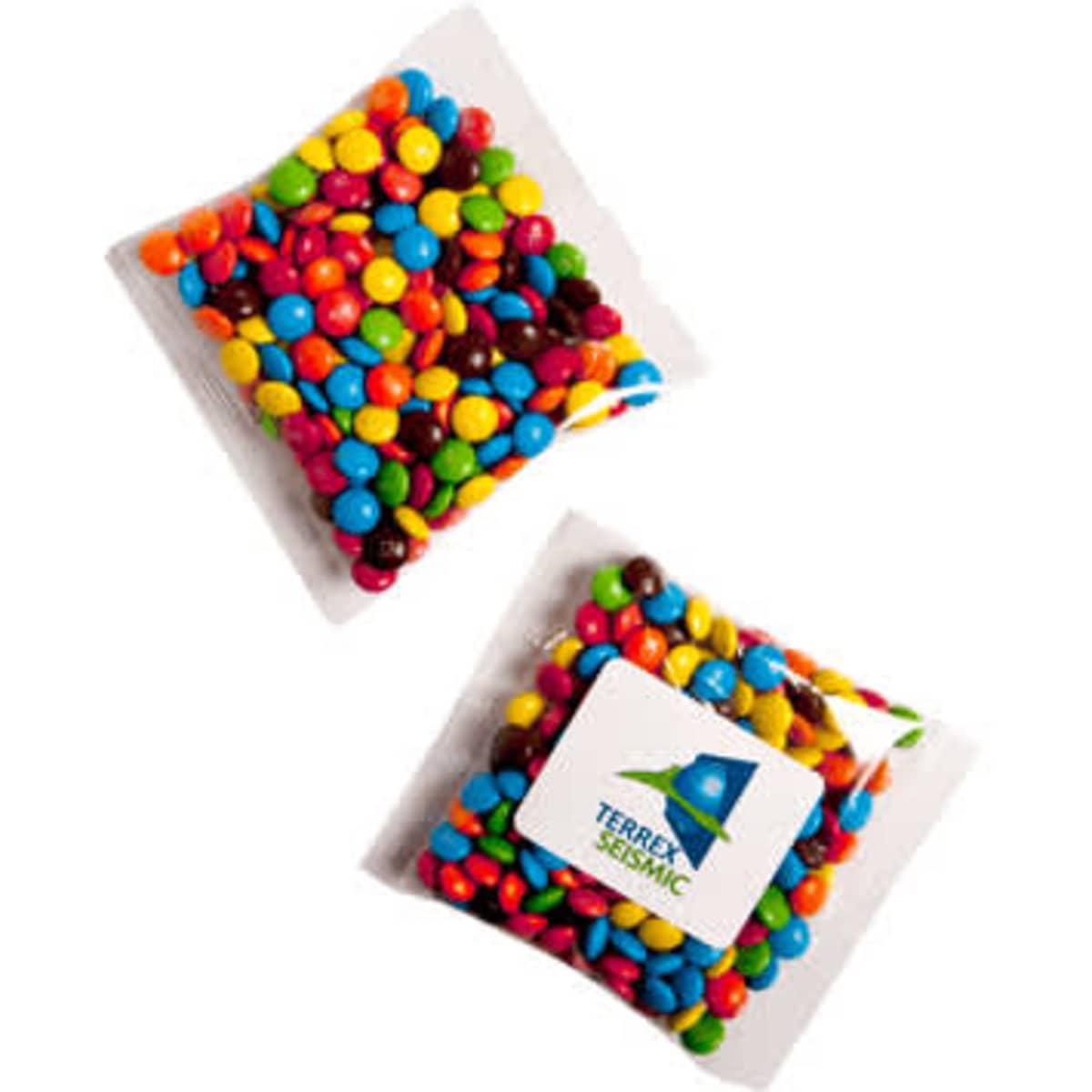 A clear packet filled with colourful Mini M&Ms in various shades, featuring a logo on one side.