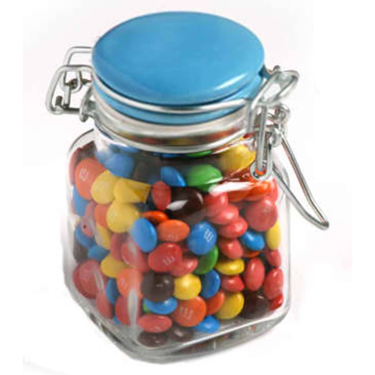 A glass clip lock jar filled with colourful M&Ms, featuring a blue lid and a clear container.
