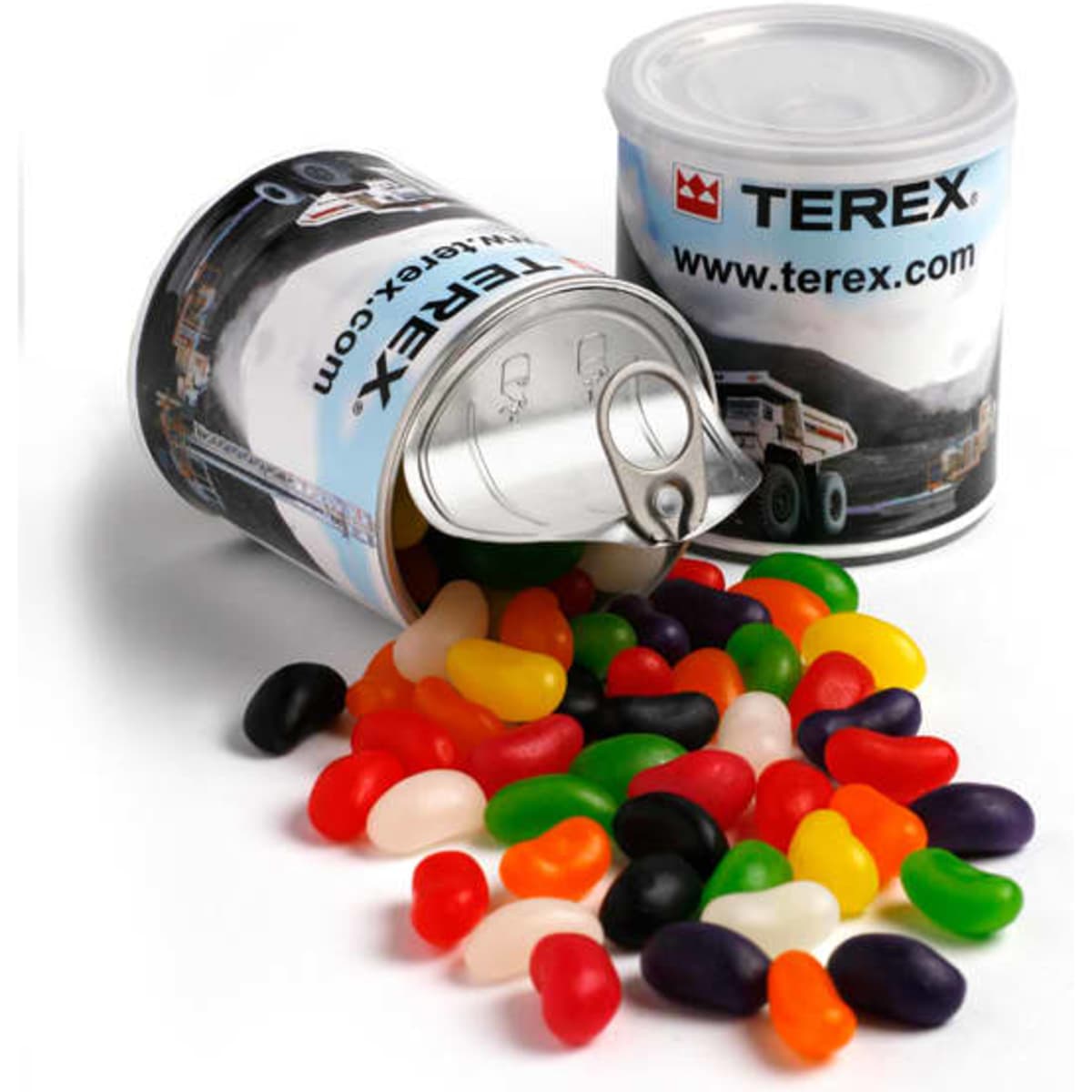 A tin can with a pull tab, overflowing with colourful jelly beans in various shades, featuring a logo.
