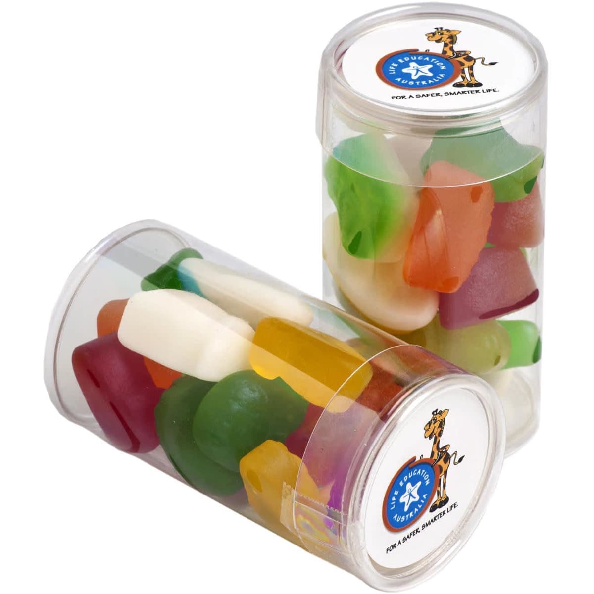 Two clear PET tubes filled with mixed lollies in various colours, including green, red, yellow, and white.