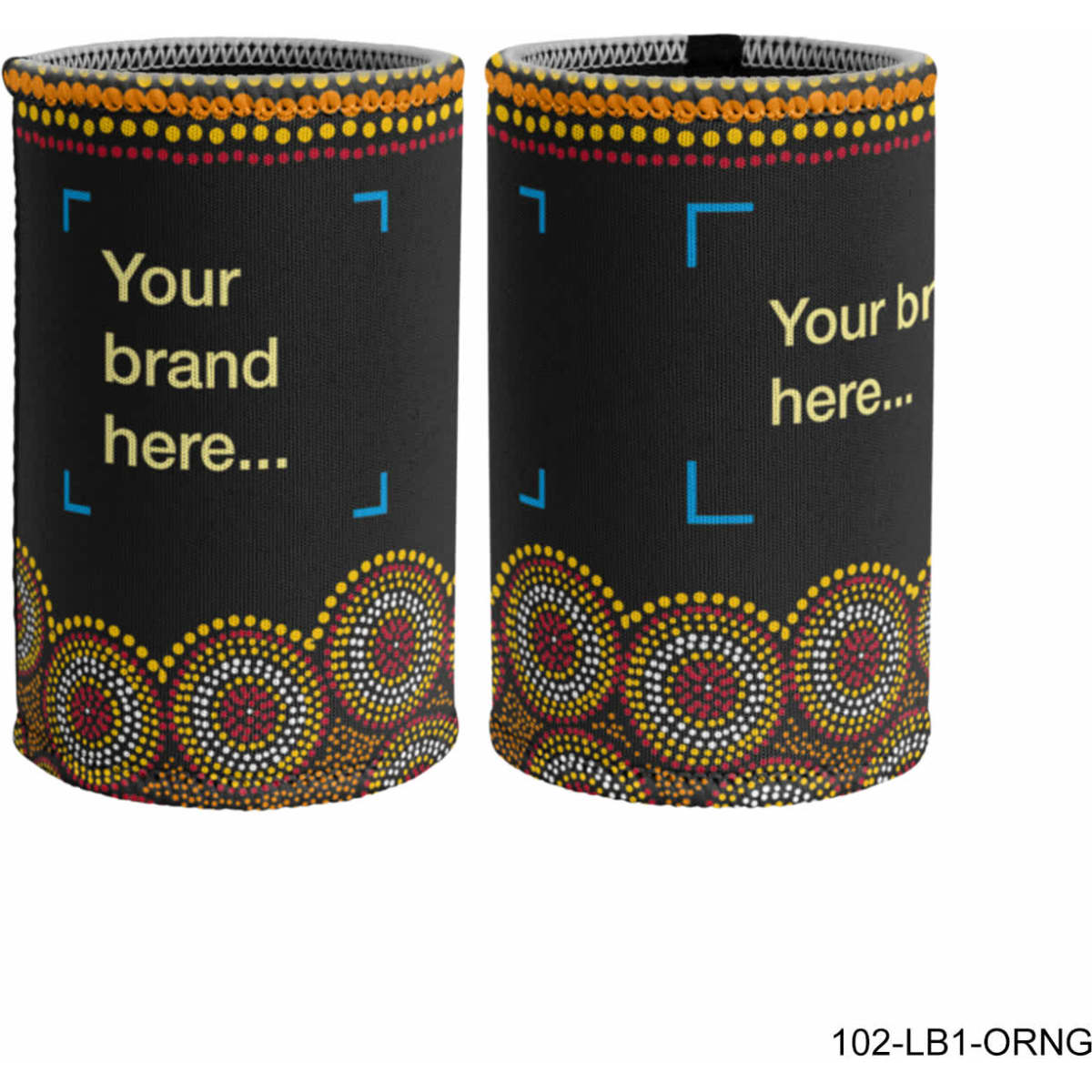 A black sublimated can cooler featuring a colourful Aboriginal dot pattern and a logo area.