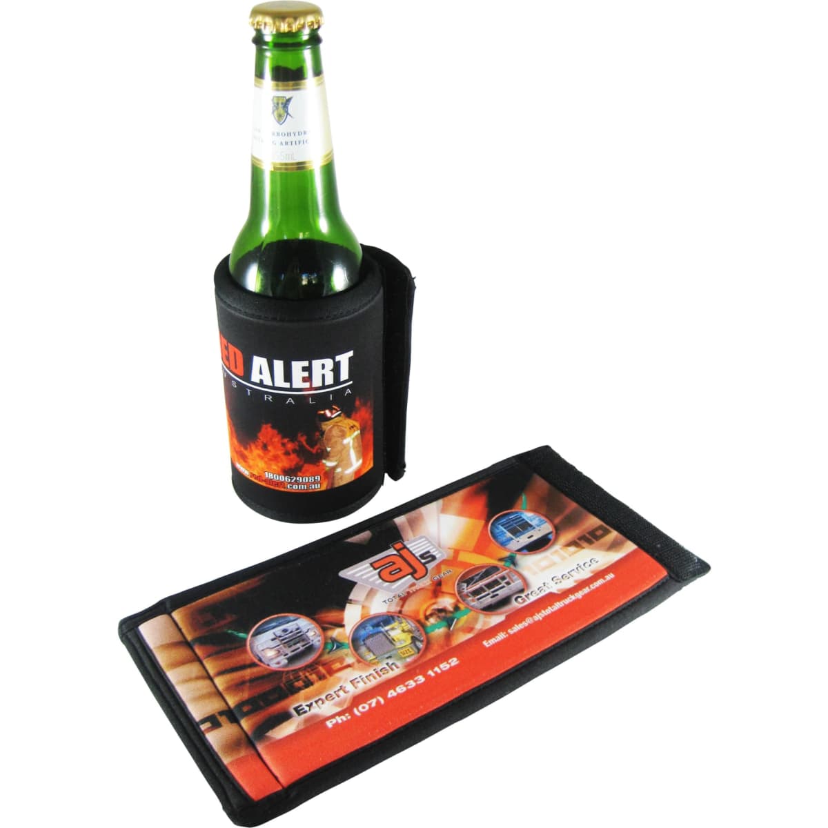 A drink bottle in a black can wrapper, with promotional graphics displayed alongside, showcasing vibrant colours.