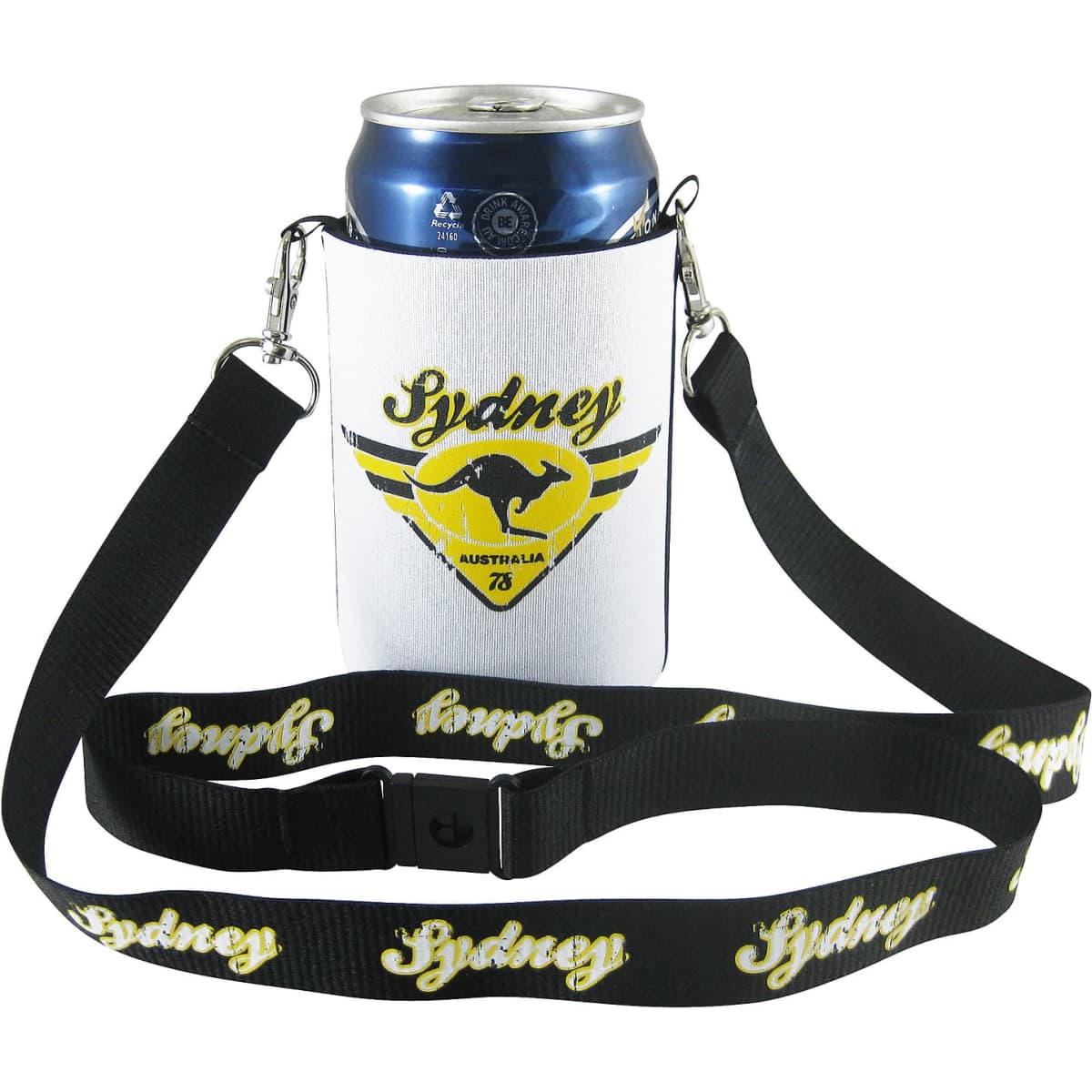 A foldable can cooler in white with a black lanyard featuring a logo. It holds a blue can inside.