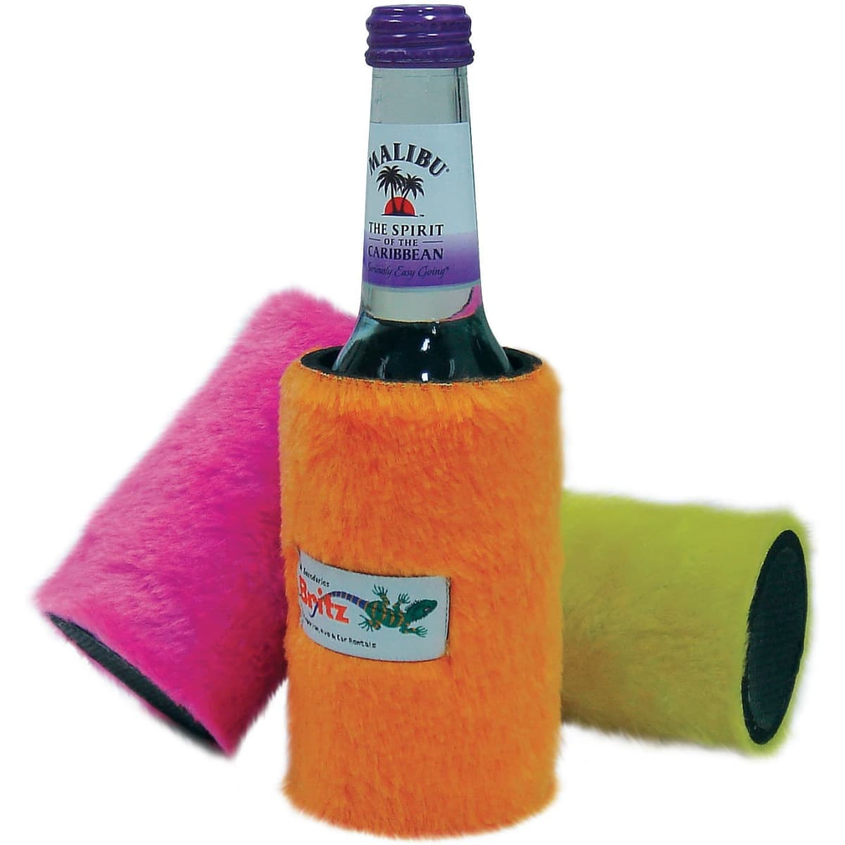 A drink bottle cooler in bright pink, orange, and green, featuring a fluffy texture and a logo.