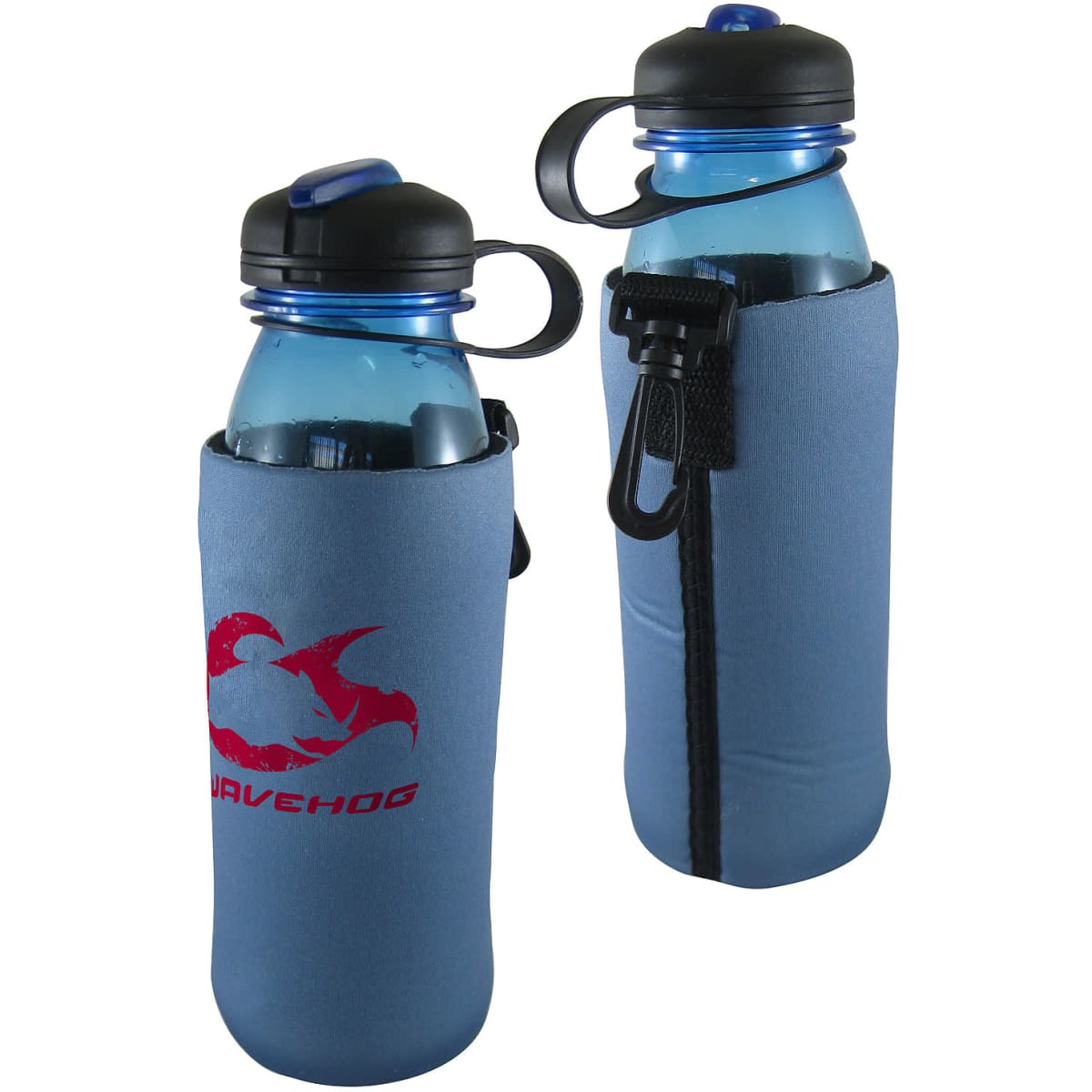 A drink bottle cooler in blue neoprene, featuring a black top and a logo. It has a zipper and a clip attachment.